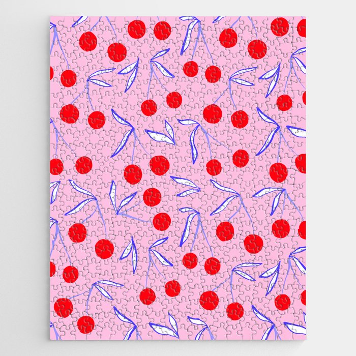 Ditsy Kitsch Cherry pattern in Pink, Red, Blue Jigsaw Puzzle Gallery Image 1