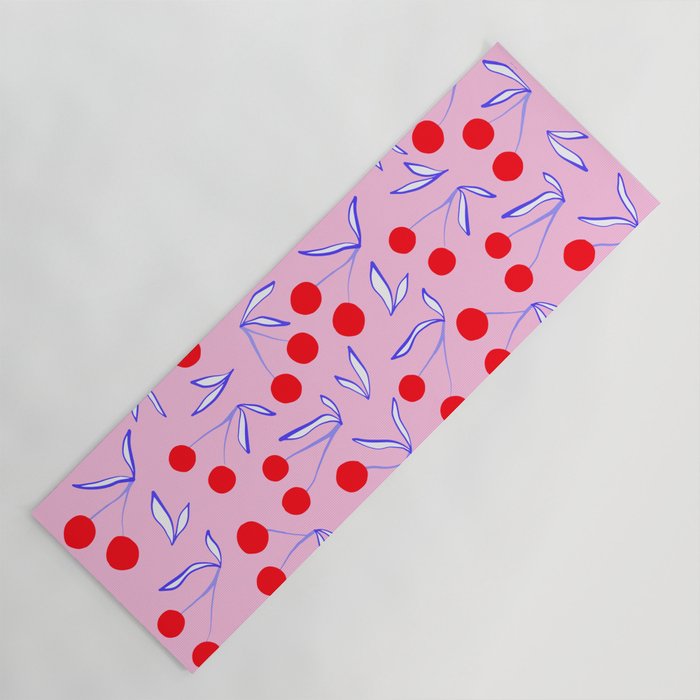 Ditsy Kitsch Cherry pattern in Pink, Red, Blue Yoga Mat Gallery Image 1