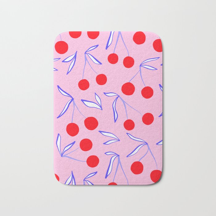 Ditsy Kitsch Cherry pattern in Pink, Red, Blue Bath Mat Gallery Image 1