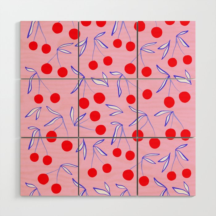 Ditsy Kitsch Cherry pattern in Pink, Red, Blue Wood Wall Art Gallery Image 1