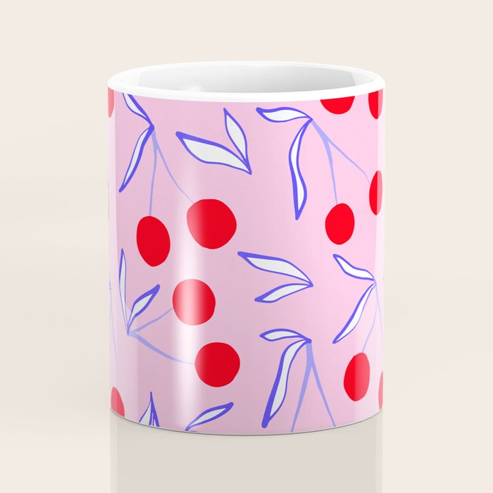 Ditsy Kitsch Cherry pattern in Pink, Red, Blue Coffee Mug Gallery Image 4