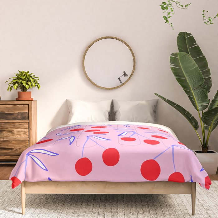 Ditsy Kitsch Cherry pattern in Pink, Red, Blue Comforter Gallery Image 3