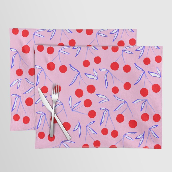 Ditsy Kitsch Cherry pattern in Pink, Red, Blue Placemat Gallery Image 1