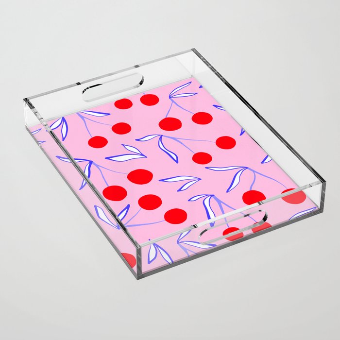 Ditsy Kitsch Cherry pattern in Pink, Red, Blue Acrylic Tray Gallery Image 1