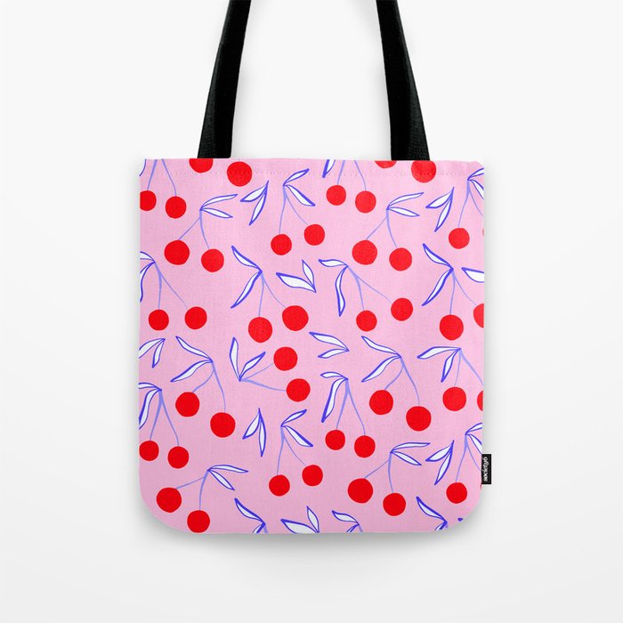Ditsy Kitsch Cherry pattern in Pink, Red, Blue Tote Bag Gallery Image 1