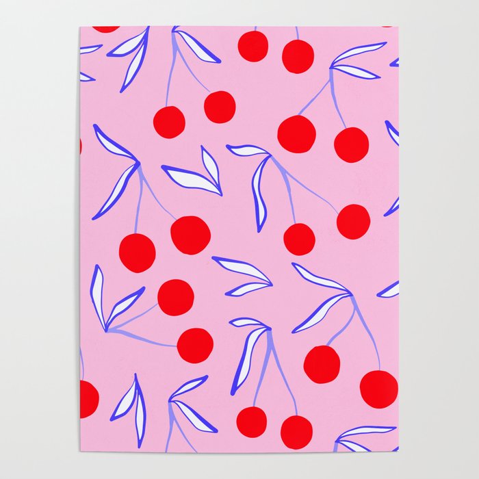 Ditsy Kitsch Cherry pattern in Pink, Red, Blue Poster Gallery Image 1