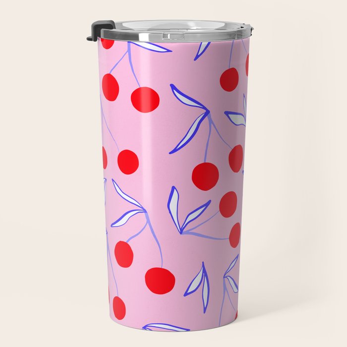 Ditsy Kitsch Cherry pattern in Pink, Red, Blue Travel Mug Gallery Image 3