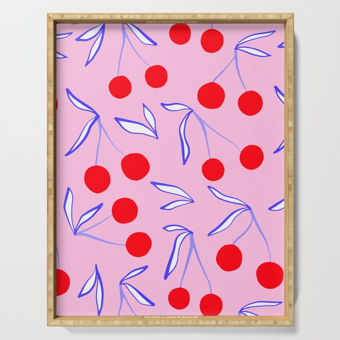 Ditsy Kitsch Cherry pattern in Pink, Red, Blue Serving Tray Gallery Image 1