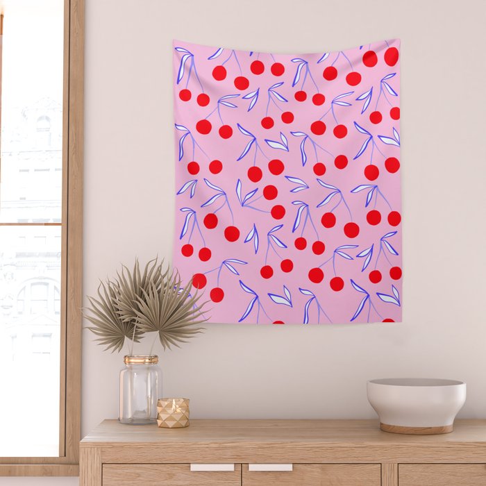 Ditsy Kitsch Cherry pattern in Pink, Red, Blue Wall Tapestry Gallery Image 2