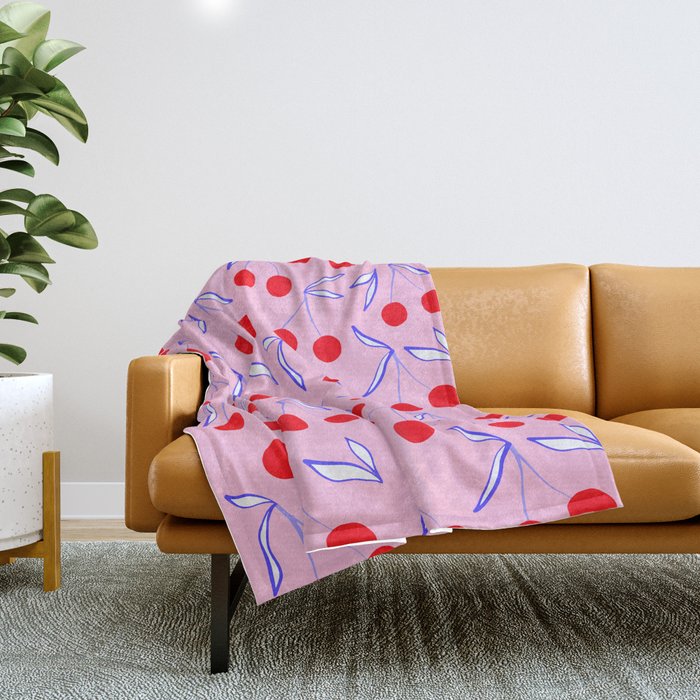 Ditsy Kitsch Cherry pattern in Pink, Red, Blue Throw Blanket Gallery Image 1