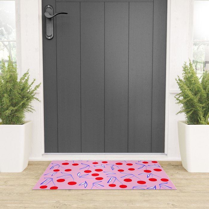 Ditsy Kitsch Cherry pattern in Pink, Red, Blue Welcome Mat Gallery Image 3