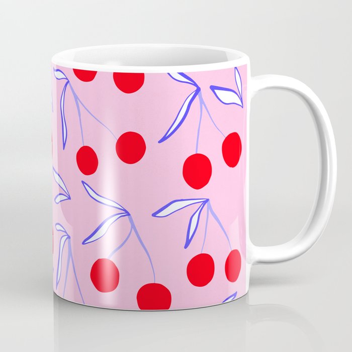 Ditsy Kitsch Cherry pattern in Pink, Red, Blue Coffee Mug Gallery Image 1