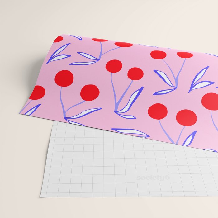 Ditsy Kitsch Cherry pattern in Pink, Red, Blue Wrapping Paper Gallery Image 2
