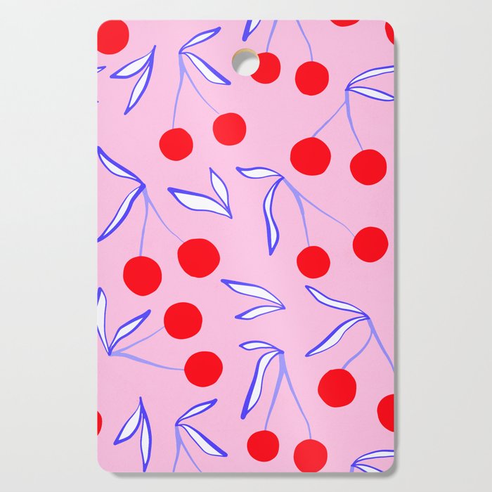 Ditsy Kitsch Cherry pattern in Pink, Red, Blue Cutting Board Gallery Image 1