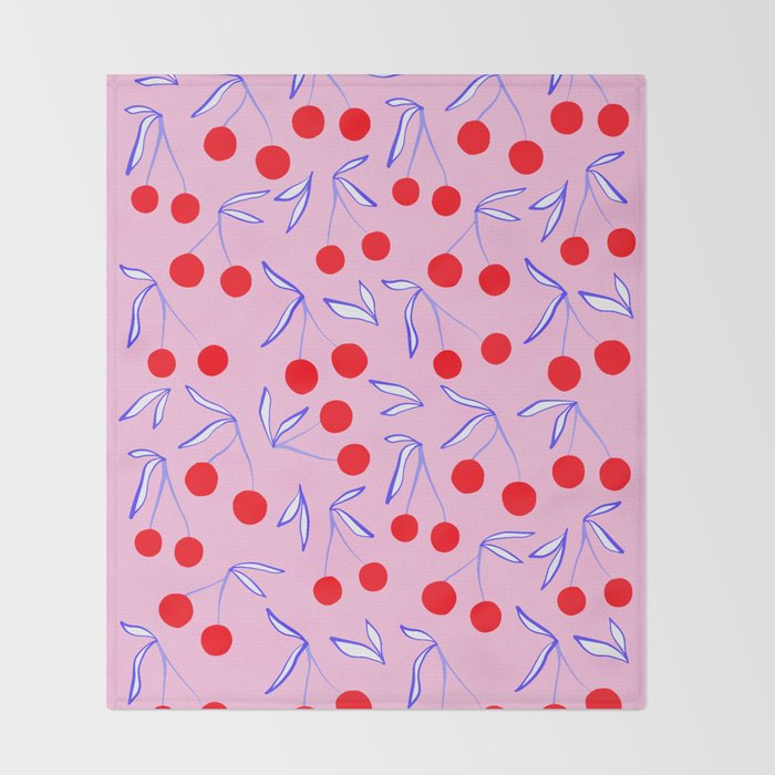 Ditsy Kitsch Cherry pattern in Pink, Red, Blue Throw Blanket Gallery Image 2