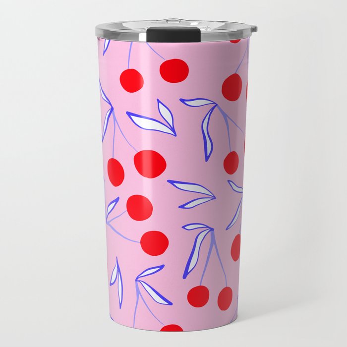Ditsy Kitsch Cherry pattern in Pink, Red, Blue Travel Mug Gallery Image 1