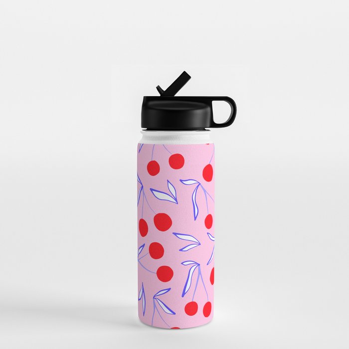 Ditsy Kitsch Cherry pattern in Pink, Red, Blue Water Bottle Gallery Image 1