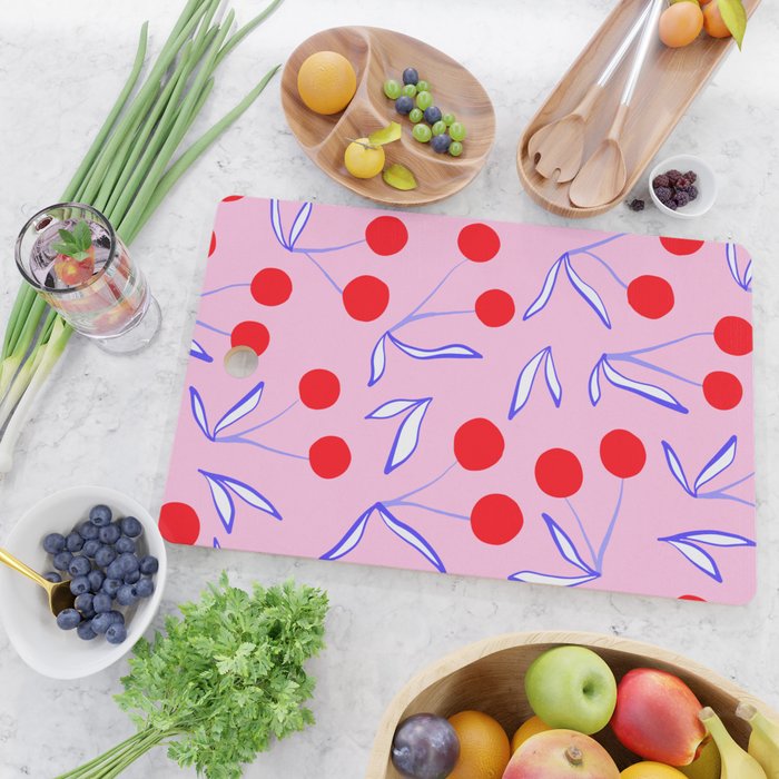 Ditsy Kitsch Cherry pattern in Pink, Red, Blue Cutting Board Gallery Image 2
