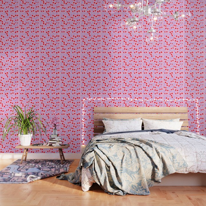 Ditsy Kitsch Cherry pattern in Pink, Red, Blue Wallpaper Gallery Image 3