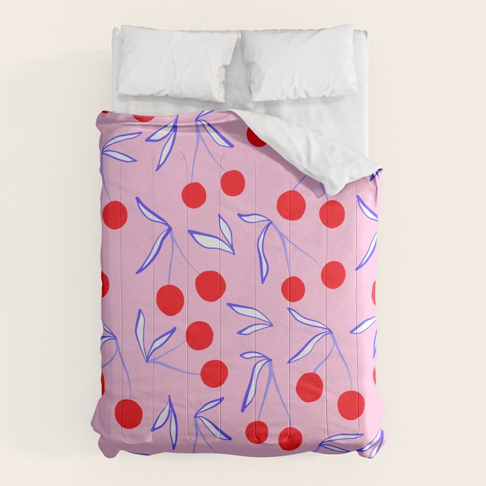 Ditsy Kitsch Cherry pattern in Pink, Red, Blue Comforter Gallery Image 6