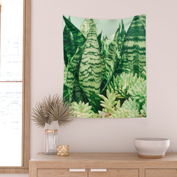 Succulents and Sansevieria houseplant botanical leaf photograph Wall Tapestry Gallery Image 2