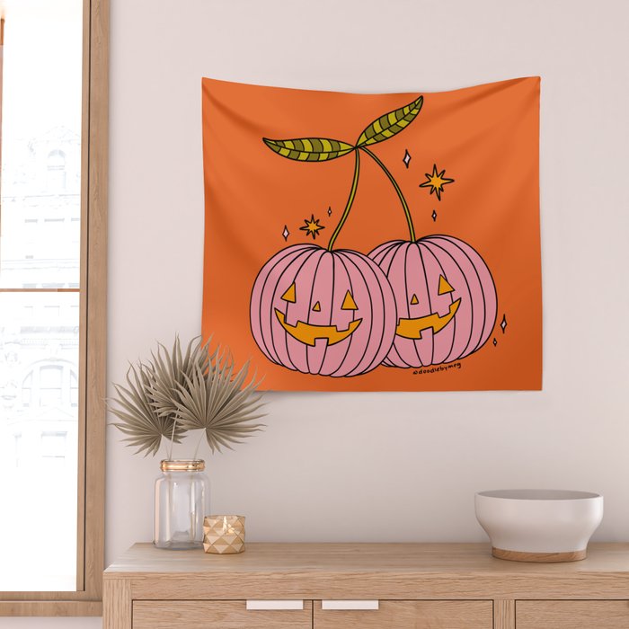 Pink Pumpkin Cherries Wall Tapestry Gallery Image 2