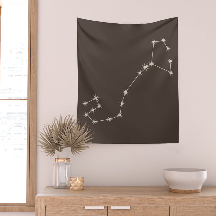 Scorpio Zodiac Star Constellation Line Art Coffee Brown Wall Tapestry Gallery Image 2