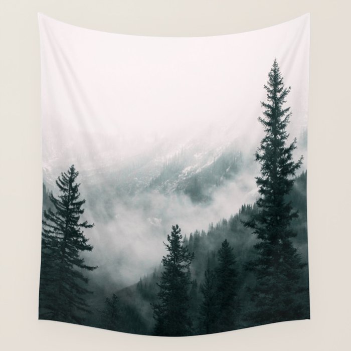 Forest mist beneath the mountain peaks Wall Tapestry Gallery Image 4