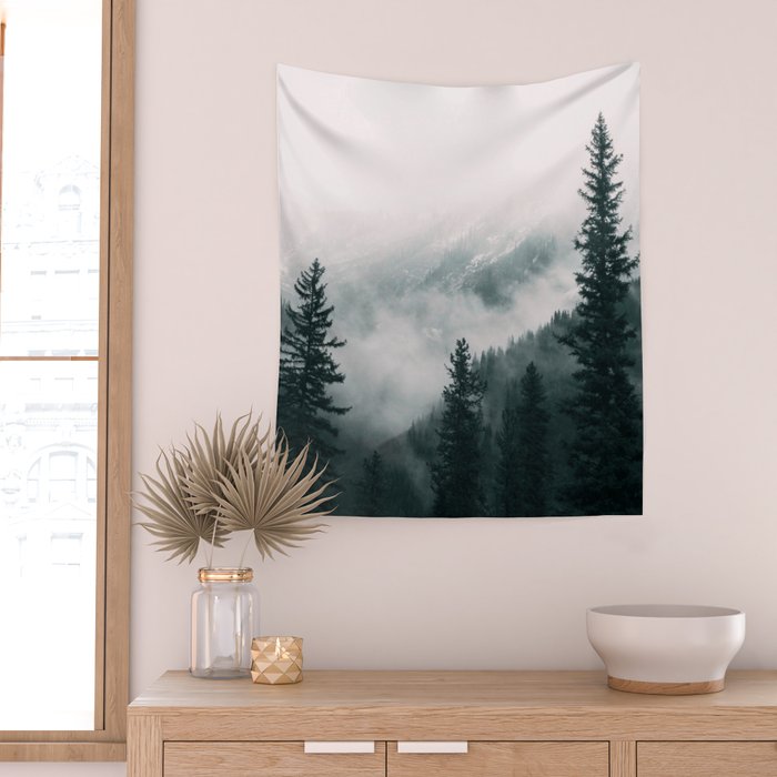 Forest mist beneath the mountain peaks Wall Tapestry Gallery Image 2