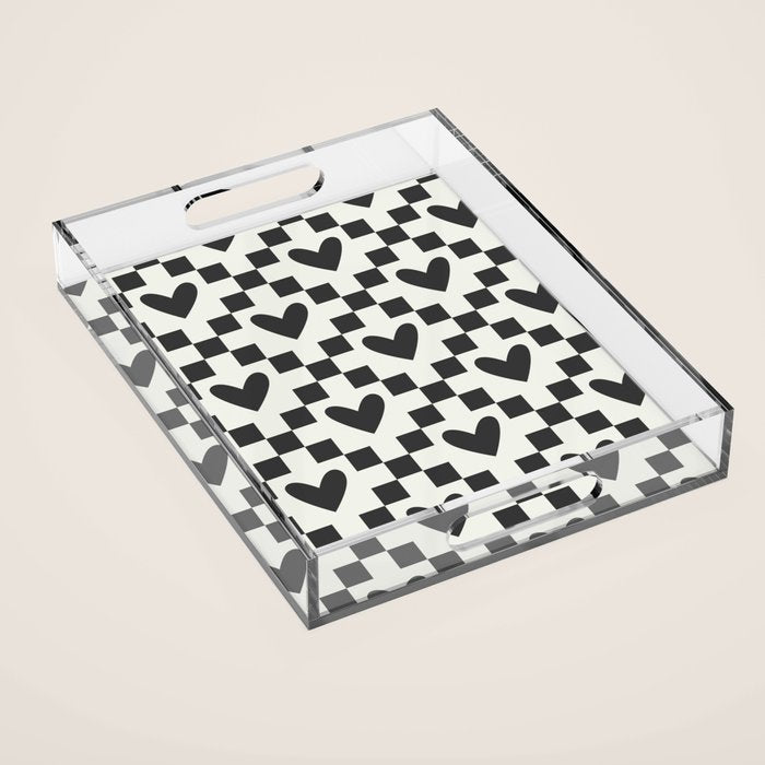 Black and white love heart checkered pattern Acrylic Tray Gallery Image 1