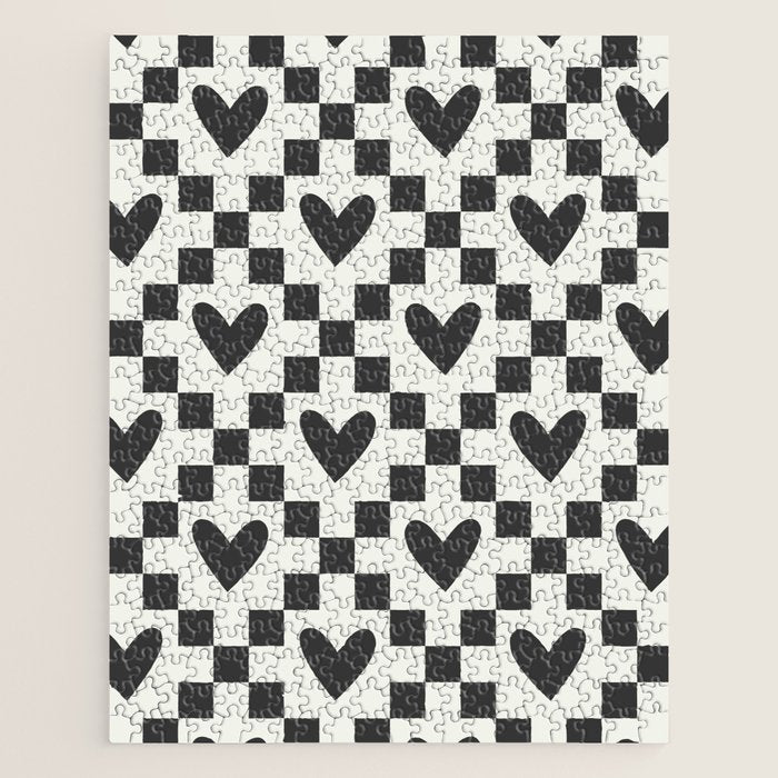 Black and white love heart checkered pattern Jigsaw Puzzle Gallery Image 1