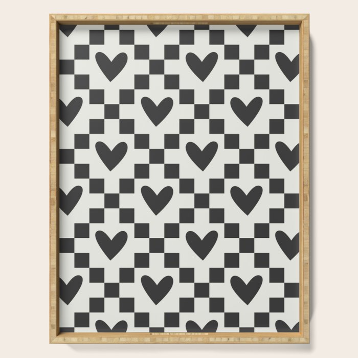 Black and white love heart checkered pattern Serving Tray Gallery Image 1