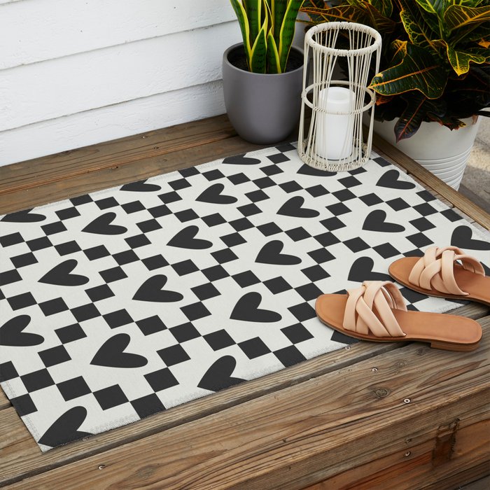 Black and white love heart checkered pattern Outdoor Rug Gallery Image 2