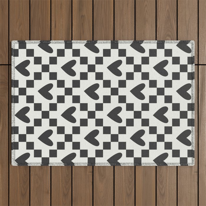 Black and white love heart checkered pattern Outdoor Rug Gallery Image 1