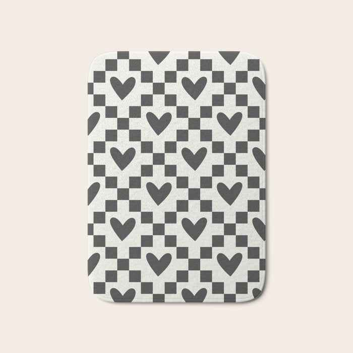 Black and white love heart checkered pattern Bath Mat Gallery Image 1