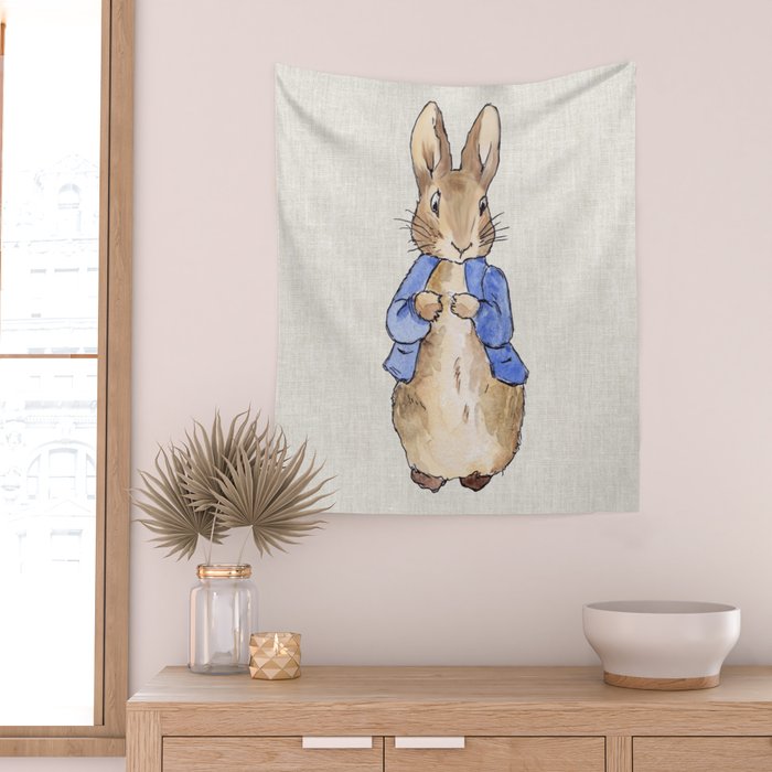 Peter the rabbit beige linen textured background Wall Tapestry Gallery Image 2