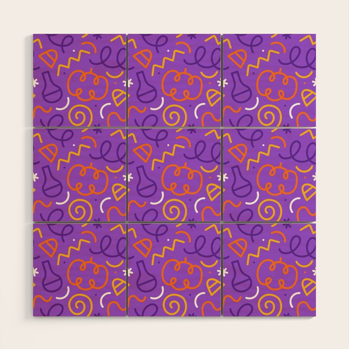 Fun halloween cartoon doodle art pattern Wood Wall Art Gallery Image 1