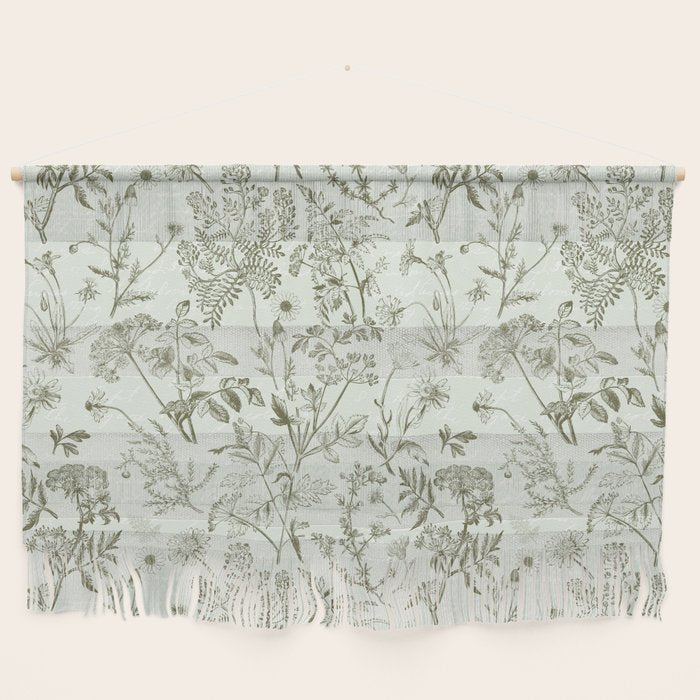 Meadow Floral Herbarium Cottagecore  Botanical Monochromatic Pattern - Pistachio Green  Wall Hanging Gallery Image 1
