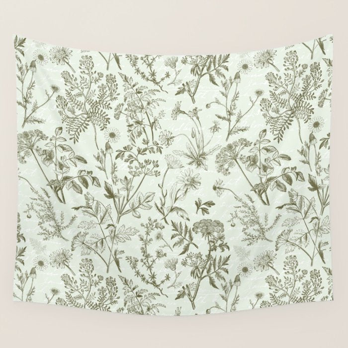 Meadow Floral Herbarium Cottagecore  Botanical Monochromatic Pattern - Pistachio Green  Wall Tapestry Gallery Image 4