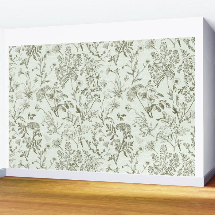 Meadow Floral Herbarium Cottagecore  Botanical Monochromatic Pattern - Pistachio Green  Wall Mural Gallery Image 2