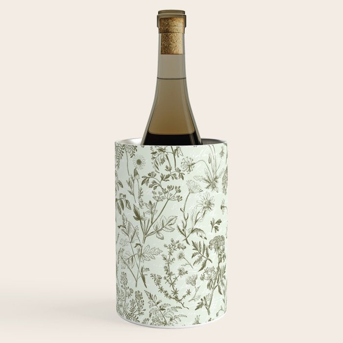 Meadow Floral Herbarium Cottagecore  Botanical Monochromatic Pattern - Pistachio Green  Wine Chiller Gallery Image 1