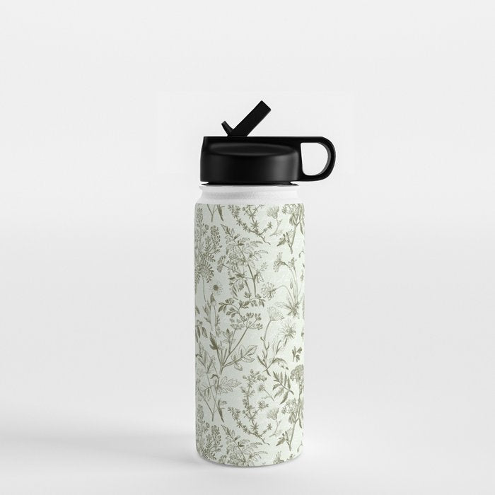 Meadow Floral Herbarium Cottagecore  Botanical Monochromatic Pattern - Pistachio Green  Water Bottle Gallery Image 1