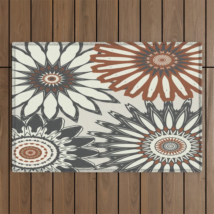 Gray Cream Rust Flowers Outdoor Rug Gallery Image 1