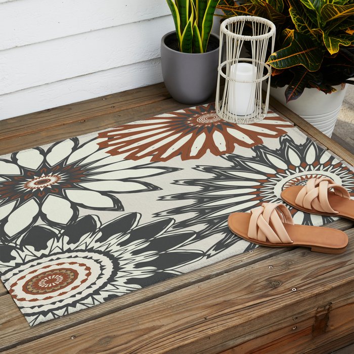 Gray Cream Rust Flowers Outdoor Rug Gallery Image 2