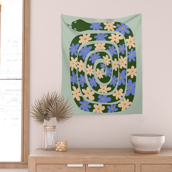Flower Snake - Green, Blue and Off White Wall Tapestry Gallery Image 2