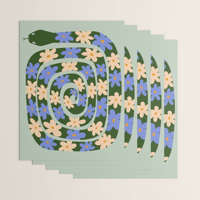 Flower Snake - Green, Blue and Off White Wrapping Paper Gallery Image 3