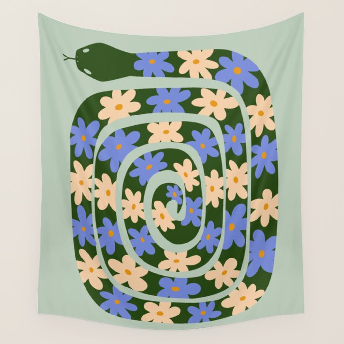 Flower Snake - Green, Blue and Off White Wall Tapestry Gallery Image 4