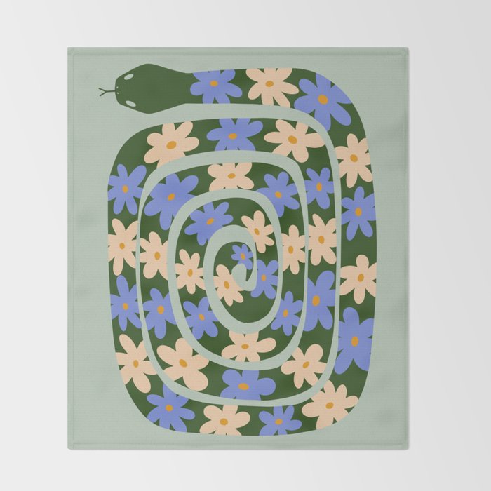Flower Snake - Green, Blue and Off White Throw Blanket Gallery Image 2