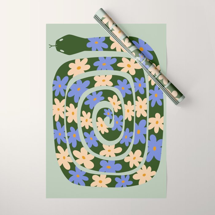 Flower Snake - Green, Blue and Off White Wrapping Paper Gallery Image 1