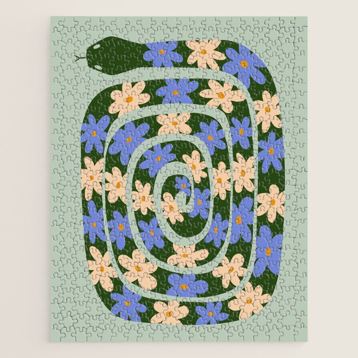 Flower Snake - Green, Blue and Off White Jigsaw Puzzle Gallery Image 1